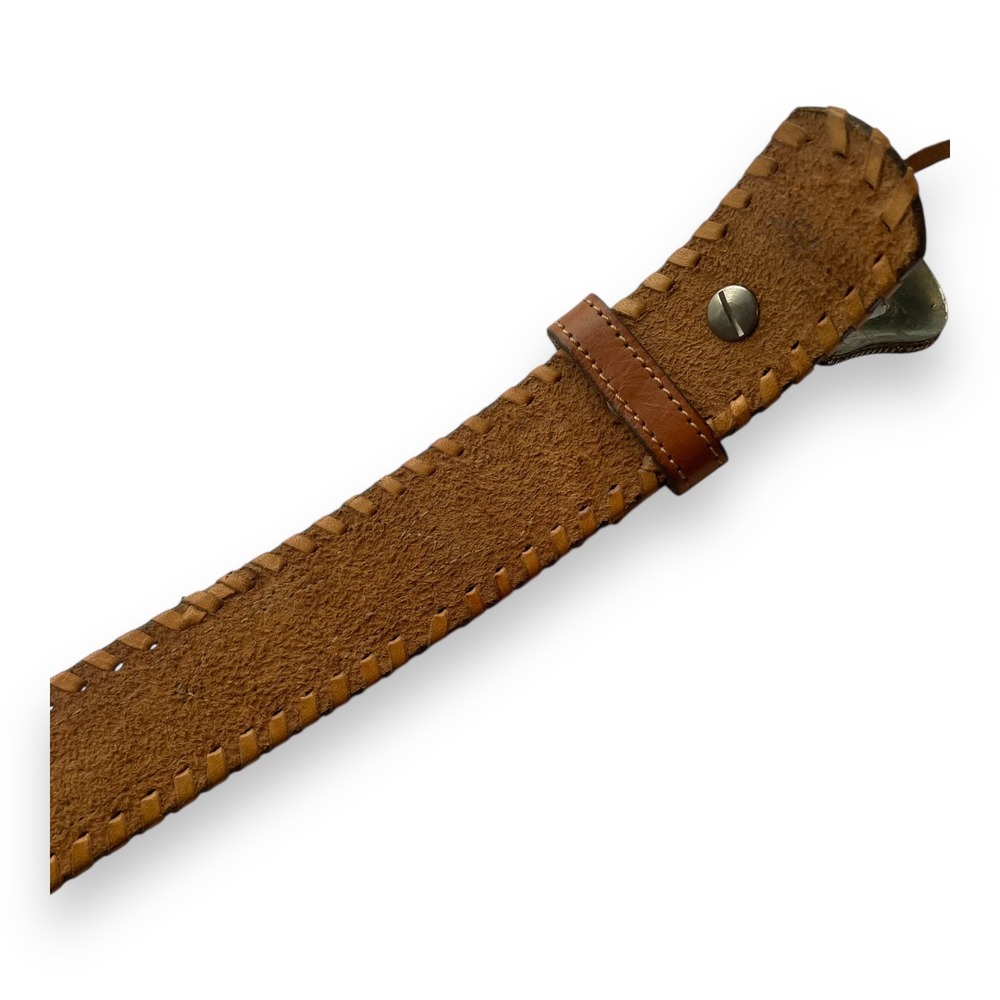 Southwestern Brown Leather Beaded Whipstitch Belt Silver Engraved Buckle Aztec - Picture 8 of 8